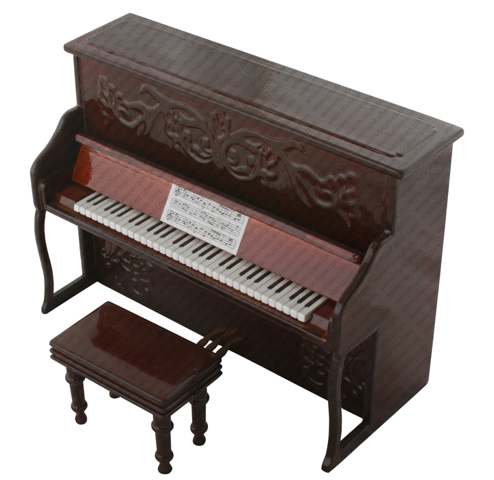Miniature Black Brown Wood Piano and Chair Musical instrument Replica Gift